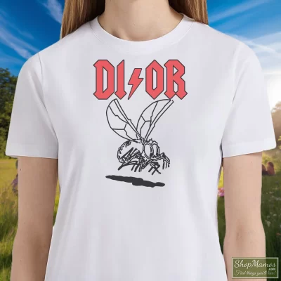 Women's Dior Acdc T Shirt In White, Front View On Dark Wood Background