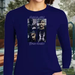Distressed 2pac Tupac Shakur American Rapper Shirt 2 Women's Distressed 2pac Tupac Shakur American Rapper Long Sleeve In Navy, Front View On Light Wood Background