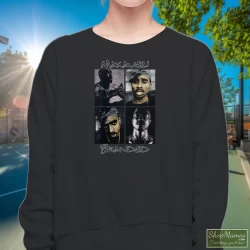 Distressed 2pac Tupac Shakur American Rapper Shirt 7 Women's Distressed 2pac Tupac Shakur American Rapper Sweatshirt In Black, Front View On Light Wood Background
