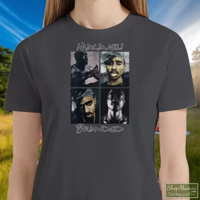 Women's Distressed 2pac Tupac Shakur American Rapper T Shirt In Charcoal, Front View On Dark Wood Background