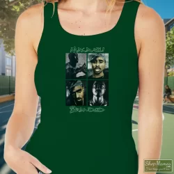 Distressed 2pac Tupac Shakur American Rapper Shirt 6 Women's Distressed 2pac Tupac Shakur American Rapper Tank Top In Forest Green, Front View On Light Wood Background