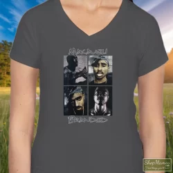 Distressed 2pac Tupac Shakur American Rapper Shirt 1 Women's Distressed 2pac Tupac Shakur American Rapper V Neck In Charcoal, Front View On Dark Wood Background