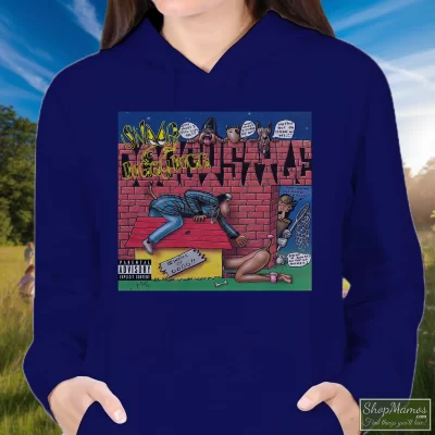 Women's Doggystyle Snoop Dogg Classic 1993 Hoodie In Navy, Front View On Light Wood Background