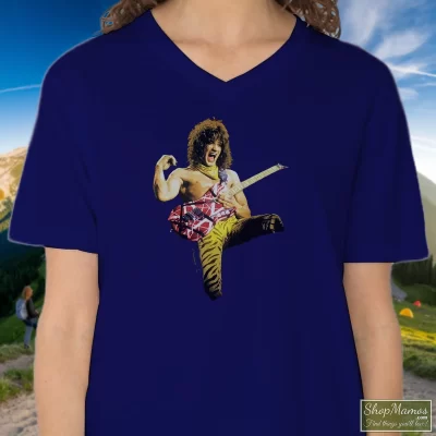 Women's Eddie Van Halen V Neck In Navy, Front View On Light Wood Background