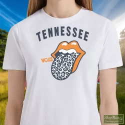 Women's Tennessee Volunteers Rolling Stones T Shirt In White, Front View On Dark Wood Background