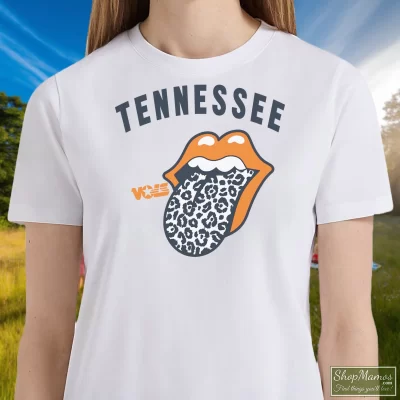Women's Tennessee Volunteers Rolling Stones T Shirt In White, Front View On Dark Wood Background