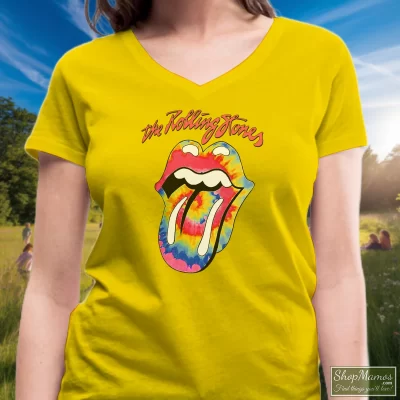 Women's Free People The Rolling Stones V Neck In Yellow, Front View On Dark Wood Background