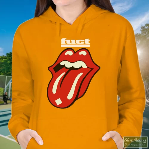 Fuct Tongue Rolling Stones Women’s Hoodie – Orange Front View On Dark Wood Background Women's Fuct Tongue Rolling Stones Hoodie In Orange, Front View On Dark Wood Background