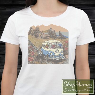 Women's Grateful Dead Bears On Vacation Vintage T Shirt in White, front view on dark wood background