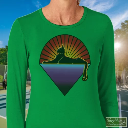 Grateful Dead Cats Under The Stars Women’s Long Sleeve – Irish Green Front View On Light Wood Background Women's Grateful Dead Cats Under The Stars Long Sleeve In Irish Green, Front View On Light Wood Background