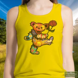 Women's Grateful Dead Floral Dancing Bear Vintage Tank Top In Yellow, Front View On Dark Wood Background