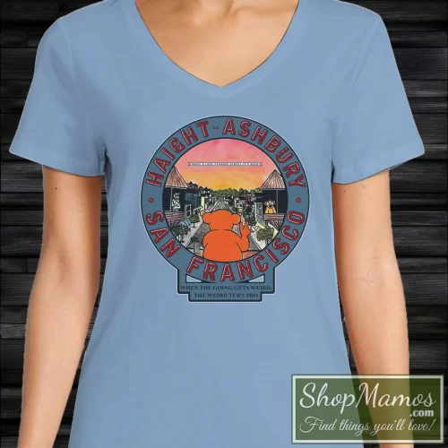 Women's Grateful Dead 80s Haight Ashbury San Francisco V Neck In Light Blue, Front View On Dark Wood Background