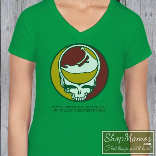 Grateful Dead I May Be Going To Hell In Nantucket Women’s V Neck – Irish Green Front View On Light Wood Background Women's Grateful Dead I May Be Going To Hell In Nantucket V Neck In Irish Green, Front View On Light Wood Background