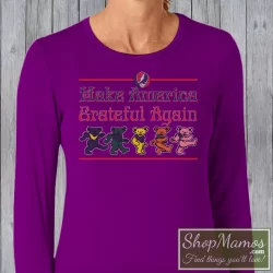 Women's Grateful Dead Make America Grateful Again Long Sleeve In Purple, Front View On Light Wood Background