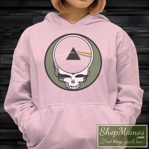Women's Grateful Dead Pink Floyd Steal Your Face Dark Side Of The Moon Hoodie in Light Pink, front view on dark wood background
