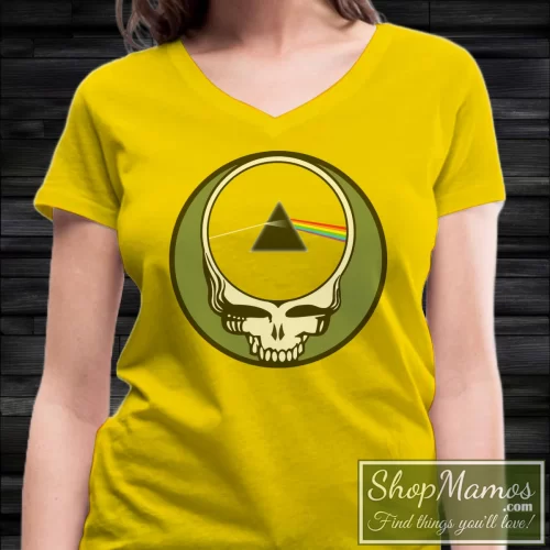 Women's Grateful Dead Pink Floyd Steal Your Face Dark Side Of The Moon V Neck in Yellow, front view on dark wood background