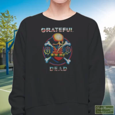 Women's Grateful Dead Reckoning Soft Sweatshirt In Black, Front View On Light Wood Background