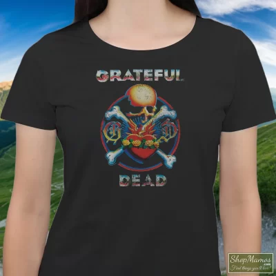 Women's Grateful Dead Reckoning Soft T Shirt In Black, Front View On Light Wood Background