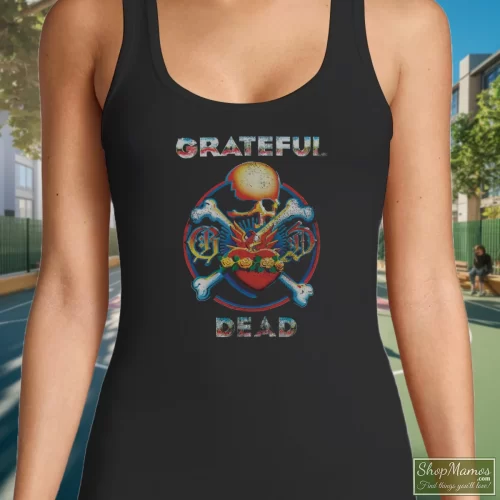 Grateful Dead Reckoning Soft Women’s Tank Top – Black Front View On Light Wood Background Women's Grateful Dead Reckoning Soft Tank Top In Black, Front View On Light Wood Background