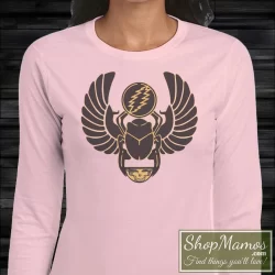 Women's Grateful Dead Scarab Lot Unknown Year 90s Long Sleeve In Light Pink, Front View On Dark Wood Background