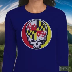 Grateful Dead Steal Your Face Maryland Flag Vintage Shirt 1 Women's Grateful Dead Steal Your Face Maryland Flag Vintage Long Sleeve In Navy, Front View On Light Wood Background
