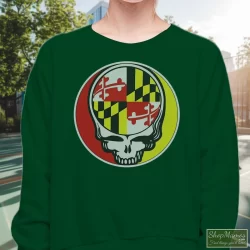Grateful Dead Steal Your Face Maryland Flag Vintage Shirt 6 Women's Grateful Dead Steal Your Face Maryland Flag Vintage Sweatshirt In Forest Green, Front View On Light Wood Background