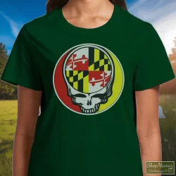 Grateful Dead Steal Your Face Maryland Flag Vintage Shirt 3 Women's Grateful Dead Steal Your Face Maryland Flag Vintage T Shirt In Forest Green, Front View On Light Wood Background