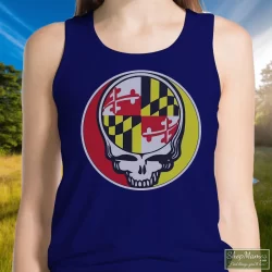 Grateful Dead Steal Your Face Maryland Flag Vintage Shirt 4 Women's Grateful Dead Steal Your Face Maryland Flag Vintage Tank Top In Navy, Front View On Light Wood Background