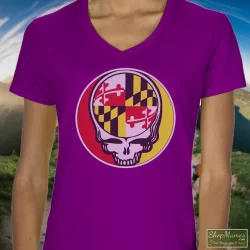 Grateful Dead Steal Your Face Maryland Flag Vintage Shirt 2 Women's Grateful Dead Steal Your Face Maryland Flag Vintage V Neck In Purple, Front View On Light Wood Background
