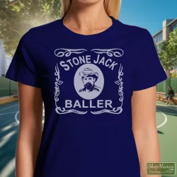 Women's Grateful Dead Stone Jack Baller Pigpen Easy Wind T Shirt In Navy, Front View On Light Wood Background
