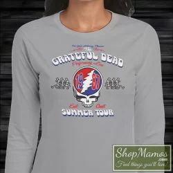 Women's Grateful Dead Summer Tour 1987 Rock Music Jam Band Country Rock Long Sleeve In Sport Grey, Front View On Dark Wood Background