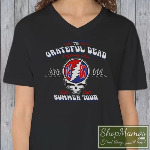 Women's Grateful Dead Summer Tour 1987 Rock Music Jam Band Country Rock V Neck In Black, Front View On Light Wood Background