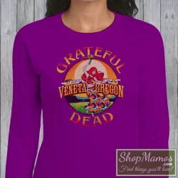Women's GRATEFUL DEAD Sunshine Daydream Long Sleeve In Purple, Front View On Light Wood Background