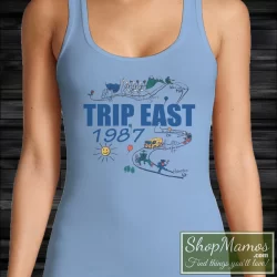 Women's Vintage Grateful Dead Trip East 1987 Tour Tank Top in Light Blue, front view on dark wood background