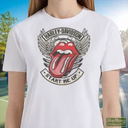 Women's Harley Davidson Rolling Stones Start Me Up T Shirt In White, Front View On Dark Wood Background