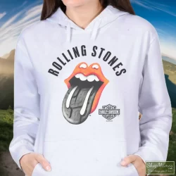 Harley Davidson Rolling Stones Tire Tread Shirt White 4 Women's Harley Davidson Rolling Stones Tire Tread White Hoodie In White, Front View On Dark Wood Background