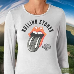 Harley Davidson Rolling Stones Tire Tread Shirt White 5 Women's Harley Davidson Rolling Stones Tire Tread White Long Sleeve In White, Front View On Dark Wood Background