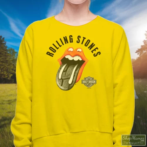 Harley Davidson Rolling Stones Tire Tread White Women’s Sweatshirt – Yellow Front View On Dark Wood Background Women's Harley Davidson Rolling Stones Tire Tread White Sweatshirt In Yellow, Front View On Dark Wood Background