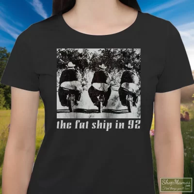 Women's The Fat Ship In 92 Hip Hop Tupac Shakur Ice Tea Snoop Dog Dr Dre Notorious T Shirt In Black, Front View On Light Wood Background