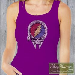 Women's The Millennium Falcon Grateful Dead Star Wars Vintage Tank Top in Purple, front view on light wood background