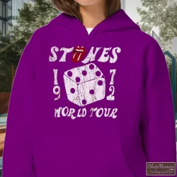 The Rolling Stones 1972 Dice Tour Shirt 7 Women's The Rolling Stones 1972 Dice Tour Hoodie In Purple, Front View On Light Wood Background