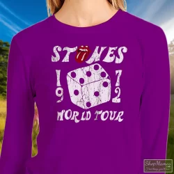 The Rolling Stones 1972 Dice Tour Shirt 4 Women's The Rolling Stones 1972 Dice Tour Sweatshirt In Purple, Front View On Light Wood Background