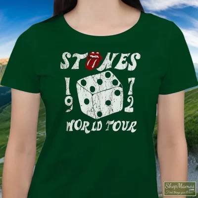 Women's The Rolling Stones 1972 Dice Tour T Shirt In Forest Green, Front View On Light Wood Background