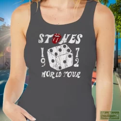 The Rolling Stones 1972 Dice Tour Shirt 3 Women's The Rolling Stones 1972 Dice Tour Tank Top In Charcoal, Front View On Dark Wood Background