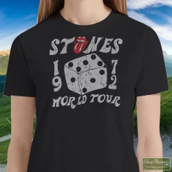 Women's The Rolling Stones 1972 Tour Dice Tongue Logo Rock Music Band T Shirt In Black, Front View On Light Wood Background