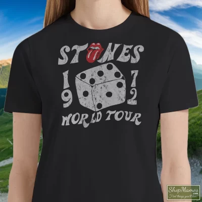 Women's The Rolling Stones 1972 Tour Dice Tongue Logo Rock Music Band T Shirt In Black, Front View On Light Wood Background