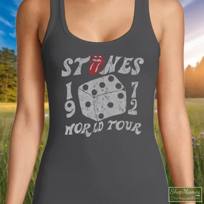Women's The Rolling Stones 1972 Tour Dice Tongue Logo Rock Music Band Tank Top In Charcoal, Front View On Dark Wood Background