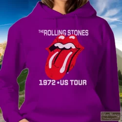 The Rolling Stones 1972 US Tour Shirt 2 Women's The Rolling Stones 1972 US Tour Hoodie In Purple, Front View On Light Wood Background