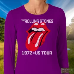 The Rolling Stones 1972 US Tour Shirt 10 Women's The Rolling Stones 1972 US Tour Long Sleeve In Purple, Front View On Light Wood Background