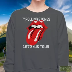 The Rolling Stones 1972 US Tour Shirt 11 Women's The Rolling Stones 1972 US Tour Sweatshirt In Charcoal, Front View On Dark Wood Background